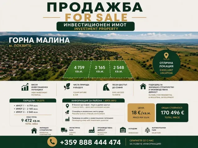 Инвестиционен имот за продажба – с. Горна Малина, м. Локвите