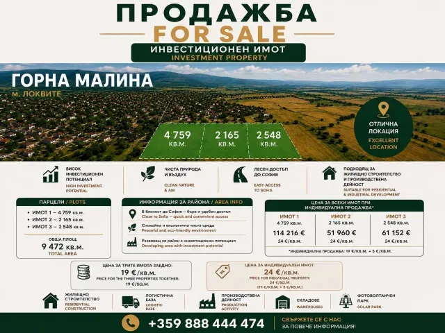 Инвестиционен имот за продажба – с. Горна Малина, м. Локвите